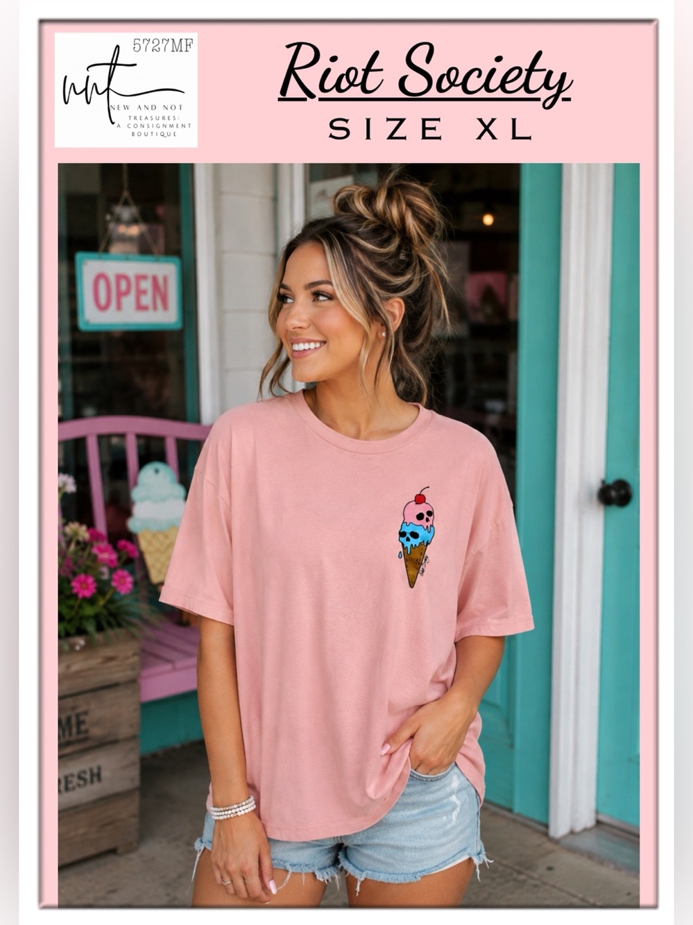 Riot Society Skull Ice Cream Graphic Tee Pink Size XL 100% Cotton